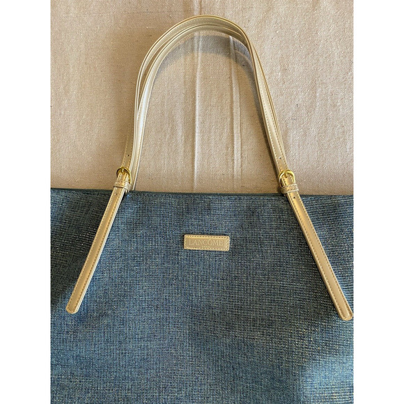 Lancome Paris Duffle Shoulder Bag Blue Gold Metallic Fibers Adj Strap Travel Bag - Picture 3 of 10